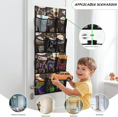 Versatile 12-Pocket Behind The Door Hanging Organizer, Made of Oxford Cloth, Waterproof Foldable and Perfect for Bathroom Bedroom Closet Storage, Coffee Print