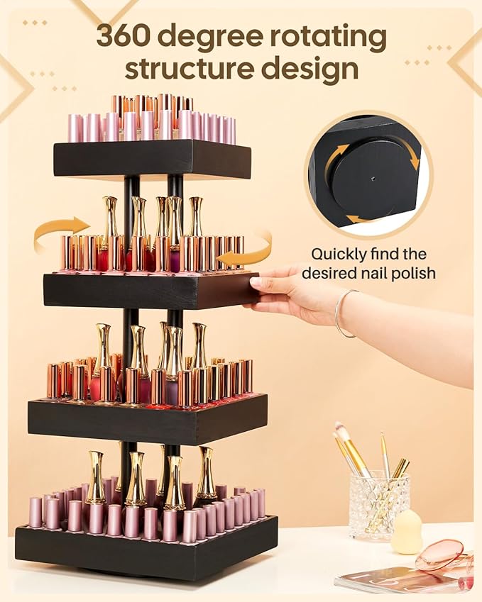 Homde Nail Polish Organizer for 86-123 Bottles, 360 Rotating Nail Polish Rack Holder, Display Storage Shelf for Fingernail Stand and Essential Oil, Gifts for Women Girls- Bamboo,Black