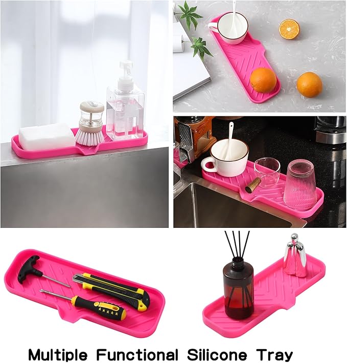 MicoYang Silicone Bathroom Soap Dishes with Drain Spout-Bathroom and Kitchen Sink Organizer,Sponge Holder,Dish Soap Tray,Perfect for Dispenser,Scrubber,Bottle,Cup on Sink or Counter-Rose 12"×4"