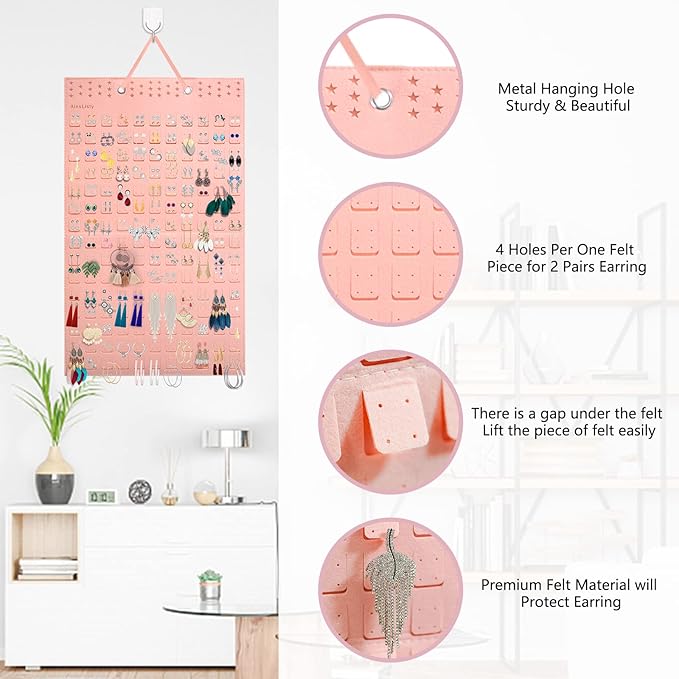 Hanging Earrings Organizer, Earring Holder Holds Up To 330 Pairs, Felt Earring Organizers and Storage, Wall Earring Holder Earring Display for Women Girls -1 Pack (Earring Organizer-Pink)