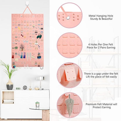 Hanging Earrings Organizer, Earring Holder Holds Up To 330 Pairs, Felt Earring Organizers and Storage, Wall Earring Holder Earring Display for Women Girls -1 Pack (Earring Organizer-Pink)