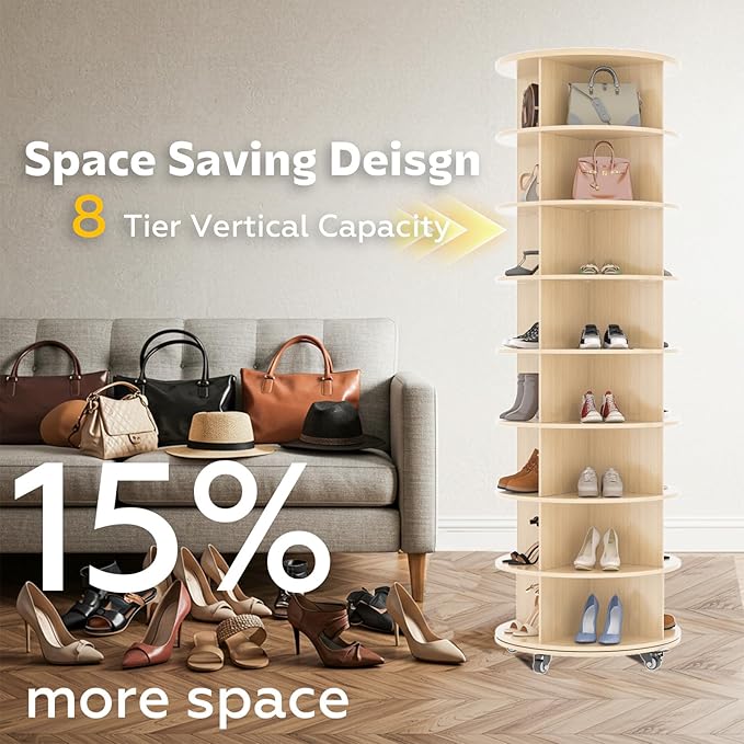 8 Tier Rotating Shoe Rack, Shoe Tower Organizer with 4 Universal Casters, Spinning Lazy Susan Display Storage Rack Round Carousel Vertical Handbag Closet (Natural, 23.6’’×23.6’’×74’’)