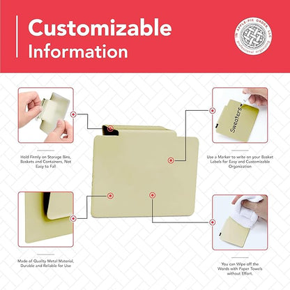Labels for Storage Bins | Metal Storage Bin Clips (2.5” x 3.5”) - Set of 8 Basket Clip On Tags for Storage Bins w/Non-Slip Grip Pads & Dry Erase Marker - Removable Bin Labels for Storage Baskets