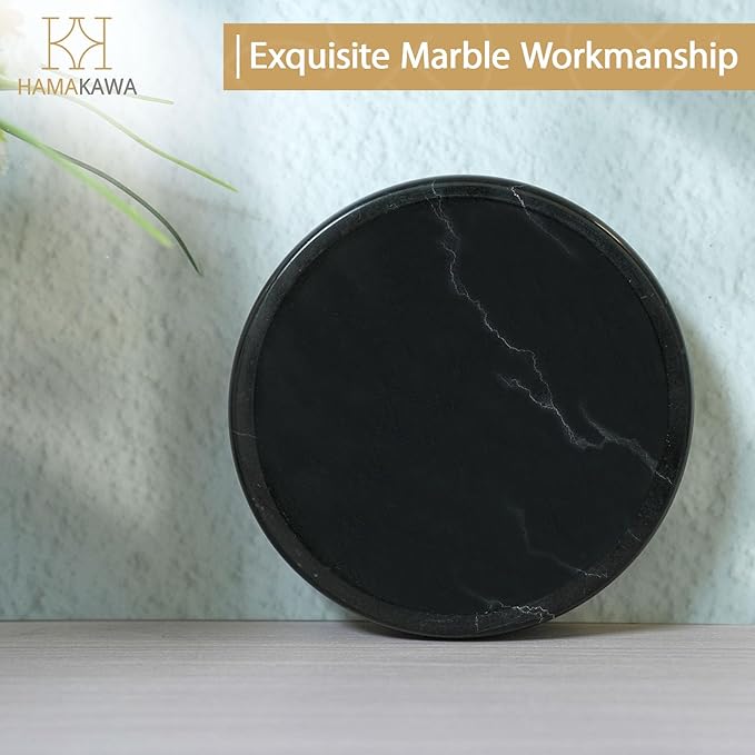 Natural Marble Soap Dish, Round Black Jewelry Dish 4.5 inch, Limestone Shower Soap Holder, Modern Stone Sponge Holder with White Stripe, Obsidian Bar Soap Saver Tray for Bathroom, Kitchen