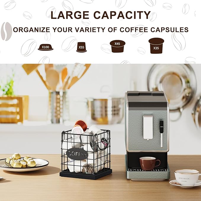YINMIT K Cup Holder Organizer, Sturdy Coffee Pod Holder Organizer, 35 Kcup Large Capacity Storage Basket for Kitchen Counter and Office Desktop (Black-Square with Handle)
