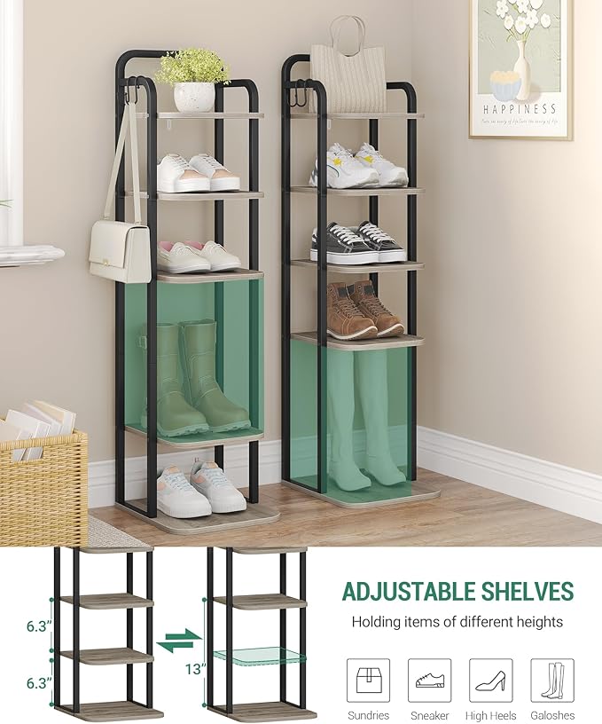 Hzuaneri 6 Tiers Vertical Shoe Rack, Narrow Shoe Tower, Tall Shoes Shelf with 2 Hooks, Adjustable Shelves, Corner Shoes Shelves for Small Spaces, Entryway, Living Room, Greige, SR04205B