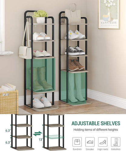 Hzuaneri 6 Tiers Vertical Shoe Rack, Narrow Shoe Tower, Tall Shoes Shelf with 2 Hooks, Adjustable Shelves, Corner Shoes Shelves for Small Spaces, Entryway, Living Room, Greige, SR04205B