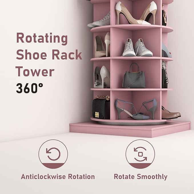 6-Tier Rotating Shoe Rack Tower, 360 Spinning Shoe Rack, Modern Free Standing Spinning Shoe Organizer, Rotating Lazy Susan Shoe Racks for Entryway Doorway, Holds Up to 24 Pairs of Shoes(Pink)
