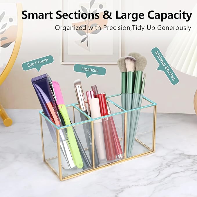 ELEGANTLIFE Clear Glass Makeup Brush Organizer,Luxurious Tempered Glass Cosmetics Brushes Storage Holder for Refined Bathroom Decor (Gold, 3 Sections)