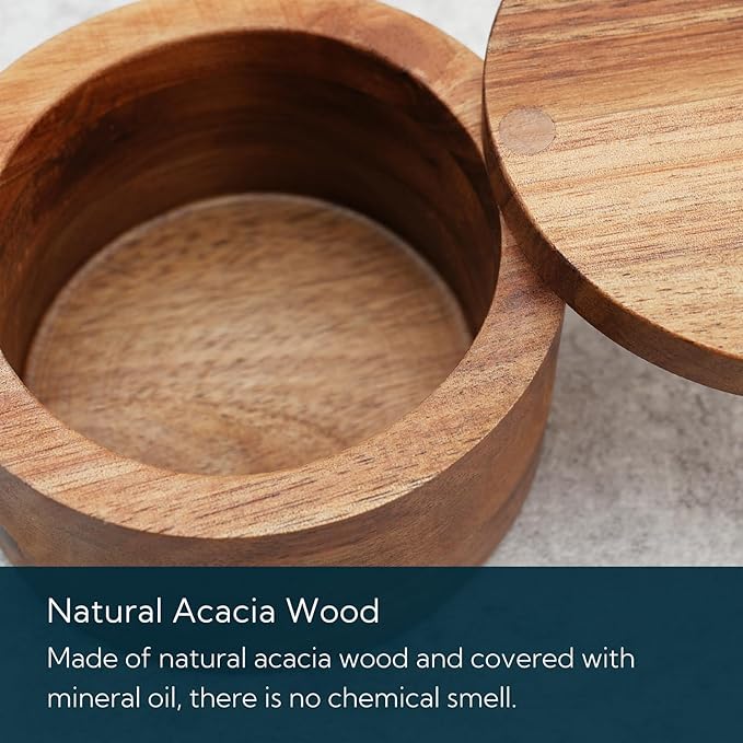 KITCHENDAO Acacia Wood Salt Cellar Bowl Box, Elegant Kitchen Holder Container with Swivel Magnetic Lid to Store Favorite Seasonings Pepper Spice or Bath, 6oz