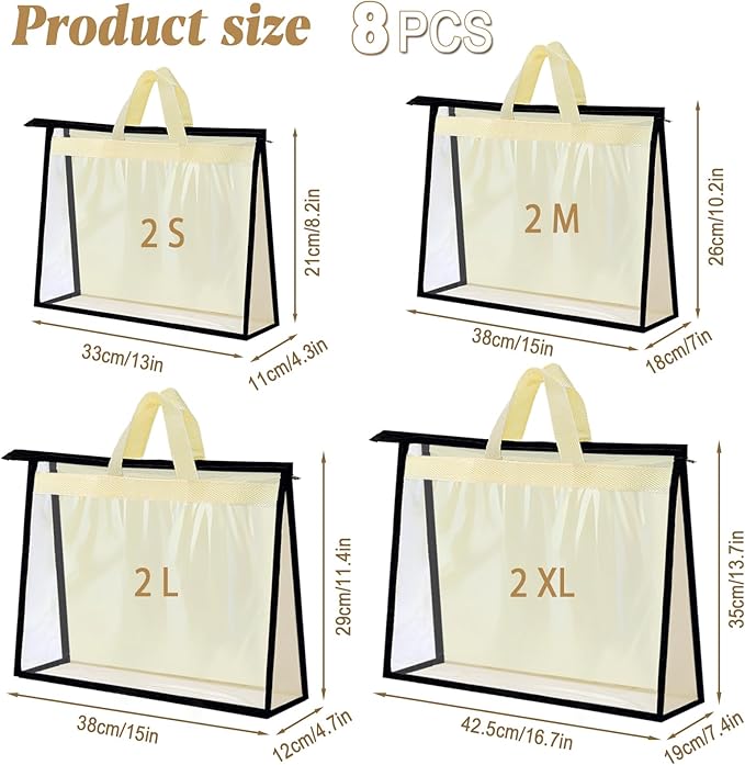 8 Pack Dust Bags for Handbags, Purse Storage Organizer for Closet, Clear Handbag Storage Organizer, Hanging Dust Cover Bag with Zipper and Handle with 8 S-Hooks(4 Assorted Sizes, Beige)