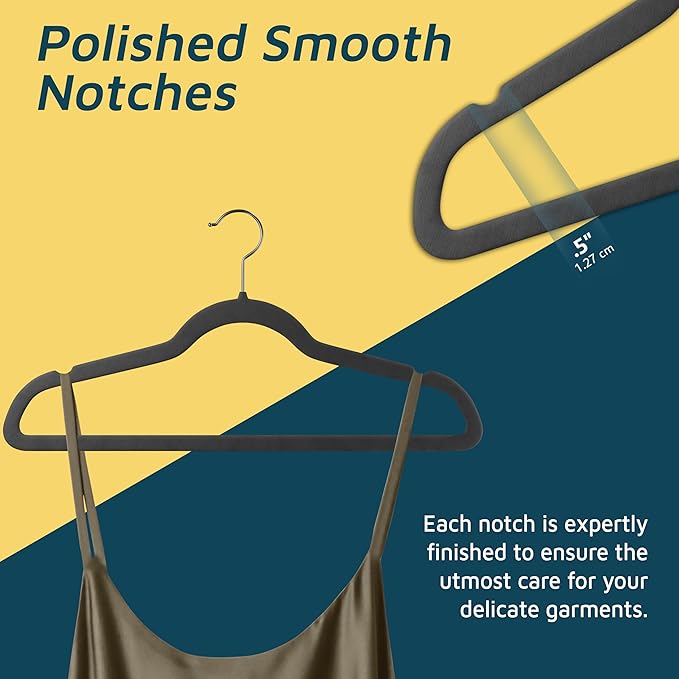 Lifemaster Velvet Non-Slip Hangers - 20 Pieces Non-Slip Coat Hanger Set with 360° Swivel Hook, Space-Saving, Sleek Design, Keep Closet Organized, Smooth Velvet Finish, Lightweight Construction - Gray