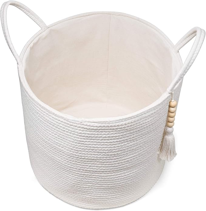 Mkono Woven Storage Basket Decorative Natural Rope Basket Wooden Bead Decoration for Blankets,Toys,Clothes,Shoes,Plant Organizer Bin with Handles Living Room Home Decor, White, 16" W × 13.8"L