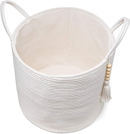Mkono Woven Storage Basket Decorative Natural Rope Basket Wooden Bead Decoration for Blankets,Toys,Clothes,Shoes,Plant Organizer Bin with Handles Living Room Home Decor, White, 16" W × 13.8"L
