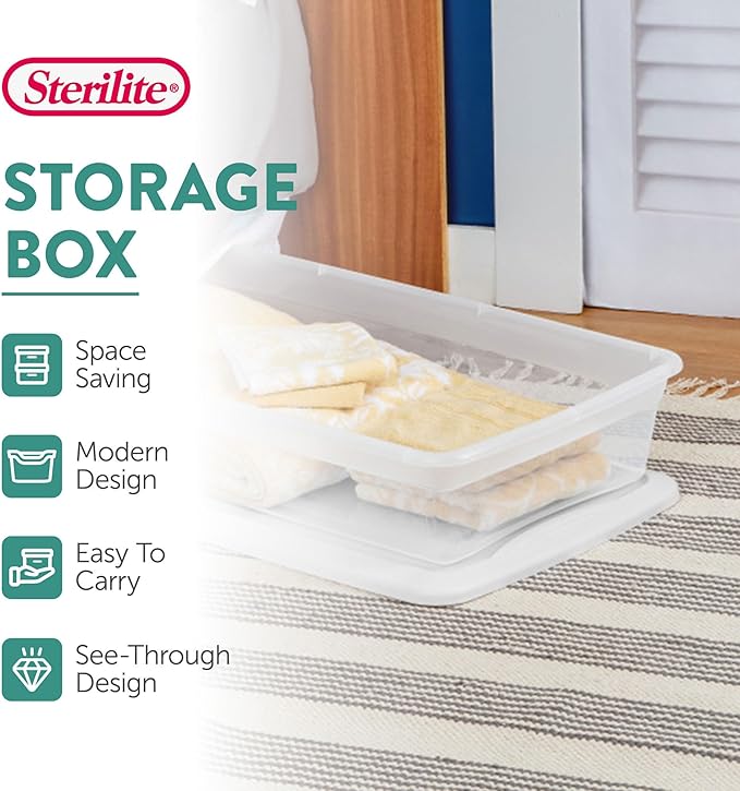 Sterilite 12-Pack 41 Quart Storage Box, Stackable Clear Plastic Bins with Snap-On Lids - Heavy-Duty Organizing Containers for Closet, Bathroom, and Office