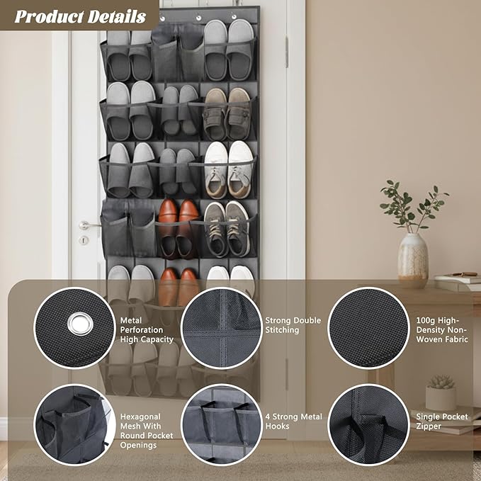2 PCS 35 Pocket Over the Door Shoe Organizer, Large Capacity Closet Storage for Men and Women, Reusable Breathable Large Mesh Bag Hanging Shoe Rack Organizer for Entryway Closet Bedroom
