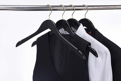 Quality Semi Curved Black Wooden Suit Hangers, 80-Pack Smooth Finish Solid Wood Coat Hanger with Swivel Hook, Jacket, Pant, Dress Clothes Hangers (Black - Gold Hook, 80)