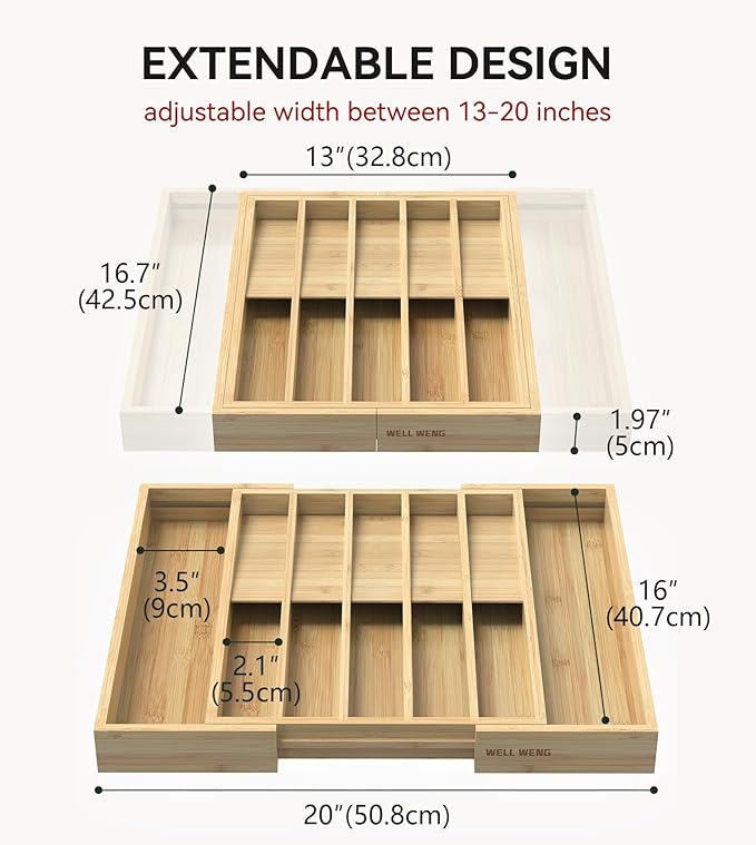 Expandable Silverware Organizer, Utensil Drawer Organizer & Cutlery Tray Dividers for Spoons Forks Knives (12 Slot,Natural Bamboo), 16.7”D x 13"-20”W x 1.97 “H