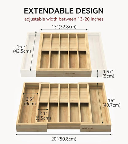 Expandable Silverware Organizer, Utensil Drawer Organizer & Cutlery Tray Dividers for Spoons Forks Knives (12 Slot,Natural Bamboo), 16.7”D x 13"-20”W x 1.97 “H