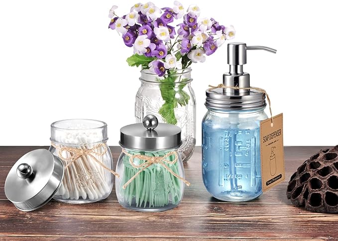 SheeChung 4 Pack Apothecary Jars with Lids, Bathroom Organizers and Storage, Qtip Holders Set, Bathroom Decor, Small Mason Jars for Q-tips, Cottons, Floss, Balls, Cotton Swabs-Brushed Steel