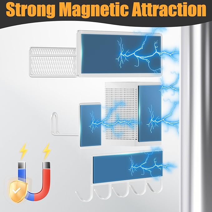 Magnetic Spice Rack for Refrigerator, 10 Pack Metal Magnetic Shelf, Moveable Spice Organizer with Hook Rack, Paper Towel Holder, Kitchenware Holder, Strong Magnetic Storage Fridge Organizer White
