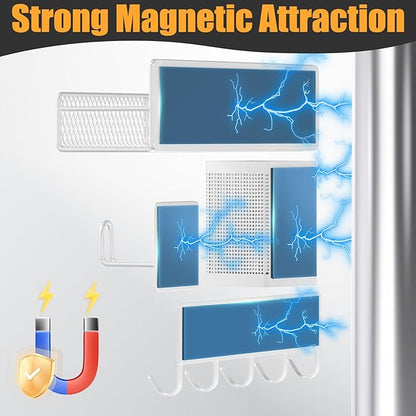 Magnetic Spice Rack for Refrigerator, 10 Pack Metal Magnetic Shelf, Moveable Spice Organizer with Hook Rack, Paper Towel Holder, Kitchenware Holder, Strong Magnetic Storage Fridge Organizer White