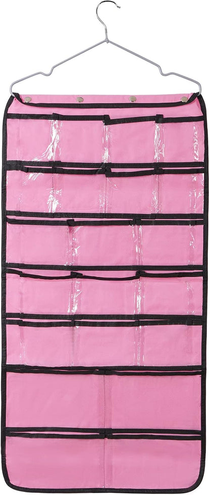 Closet Hanging Organizer, Dual Sided Hanging Wardrobe Storage Bags, 42 Clear Pockets Storage Hanger for Jewelry Socks Underwear (Pink)