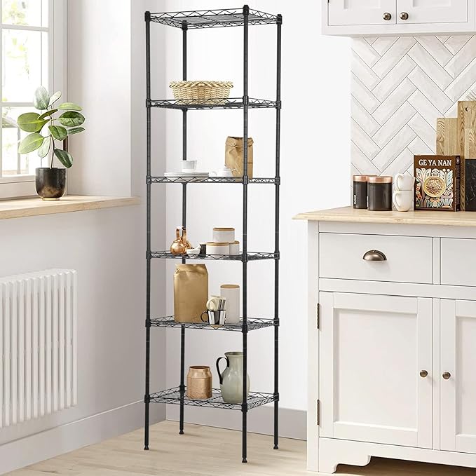 6-Shelf Wire Shelving Unit Adjustable Metal Shelving 600Lb Capacity Storage Shelves for Closet Kitchen Wire Rack Shelf Organizer for Small Space, 16.7D x 11.8W x 63H, Black