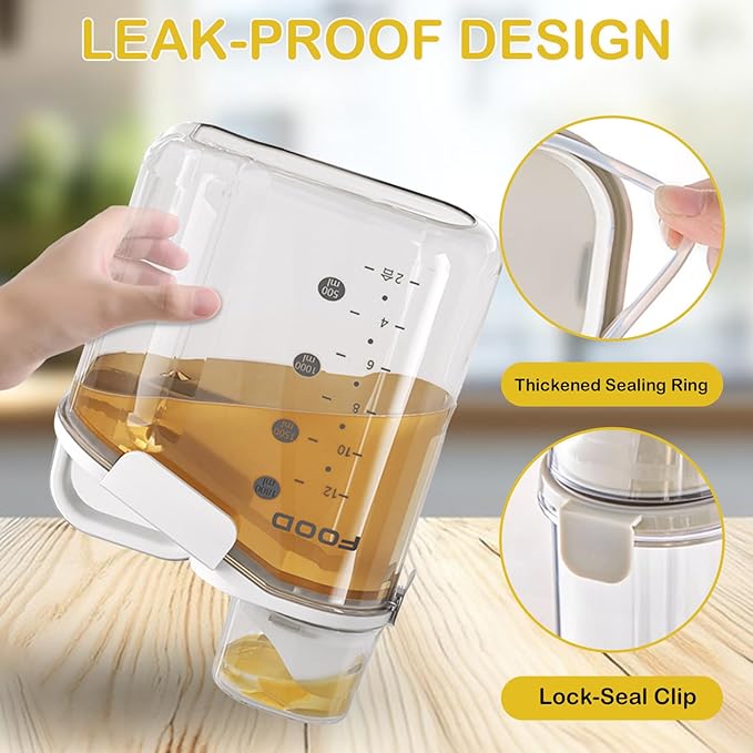 8.27" x 4.33" x 10.63" Dry Food Storage Container with Measuring Cup Lid – 2L Cereal Dispenser Rice Storage Box with Handle – BPA-Free Airtight Grain Container for Kitchen, Pantry, or Pet Food