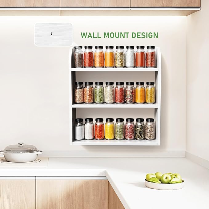 ROMGUAR CRAFT 3 Tier Bamboo Spice Rack, Countertop or Wall Mounting Wood Spice Jars Organizer Shelf for Kitche, Pantry (White)