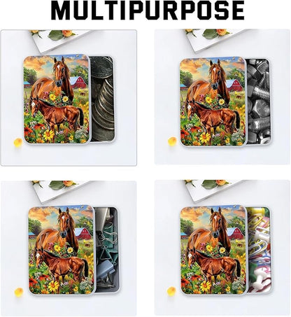 Metal Tin Box with Lid for Game Cards Home Organizer Candles Keys Crafts Storage - Equipped with 4 Magnetic Cord Clips，Horses and flowers