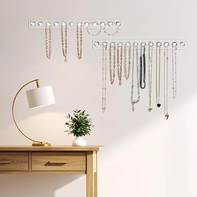 4-Pack Acrylic Necklace Holder, Necklace Hanger Wall Mount, Diamond Shape Jewelry Organizer with 12 Hooks for Necklaces, Bracelets, Chains - Clear Crystal Display Rack for Women