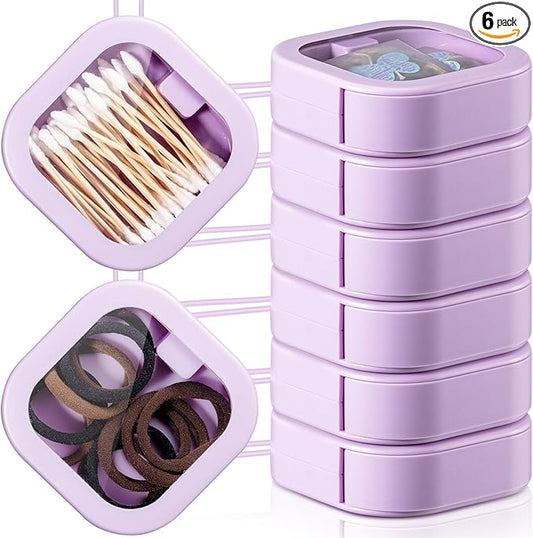Kathfly 6 Pcs Hair Tie Organizer, Portable Bobby Pin Holder, Stackable Hair Accessories Holder for Travel, Cotton Swabs Dispenser, Jewelry Organizer Box(Purple)