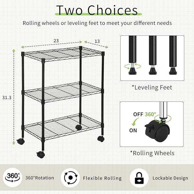 Wire Shelving 32" H x 23W x 13D Storage Shelf with Wheels Adjustable 3 Tier Metal Shelves Unit for Small Places Kitchen Storage Rack Shelf Organizer, 450Lbs Capacity, Black