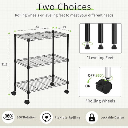 Wire Shelving 32" H x 23W x 13D Storage Shelf with Wheels Adjustable 3 Tier Metal Shelves Unit for Small Places Kitchen Storage Rack Shelf Organizer, 450Lbs Capacity, Black