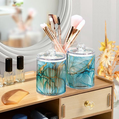 4 Pack Qtip Holder Dispenser Blue Marble Liquid Watercolor Cotton Ball Swab Round Pads Floss Clear Bathroom Storage Containers Plastic Apothecary Jars with Lids