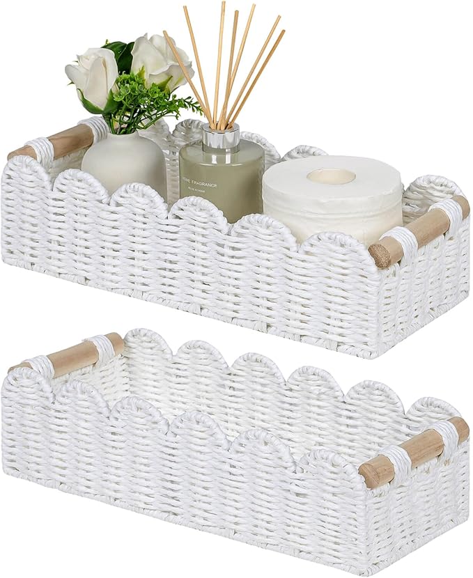 CubesLand Bathroom Basket Organizer, Toilet Tank Paper Storage Baskets 2-Pack, Scalloped Decorative Basket for Countertop w/Handle, Wicker Basket for Bathroom Decor, Home Decor, Living Room, White