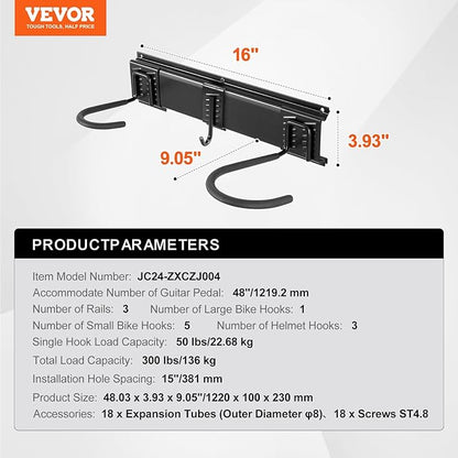 VEVOR Bike Storage Rack, 6 Bike Racks and 3 Helmets Hooks, Wall Mount Bike Storage Hanger, Home & Garage Organizer, Customizable for Various Bike Sizes, Adjustable Holder, Holds Up to 300 lbs, 48-inch