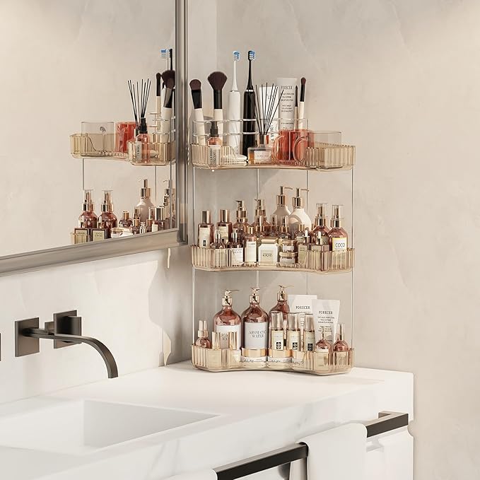Asayuee 3-Tier Corner Bathroom Counter Organizer with Top Toothbrush Holders,Large Makeup Organizer Countertop with Brush Holder,Skincare Organizers Corner,Exquisite Vanity Organizer (Gold, 3 Tier)