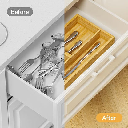 Yofidra Bamboo Silverware Organizer, 12.6 x 6.97 x 1.96 Inches Kitchen Utensil Drawer Organizer, Silverware Tray for Drawer with Fixed Slots for Spoons, Forks & Knives, Natural