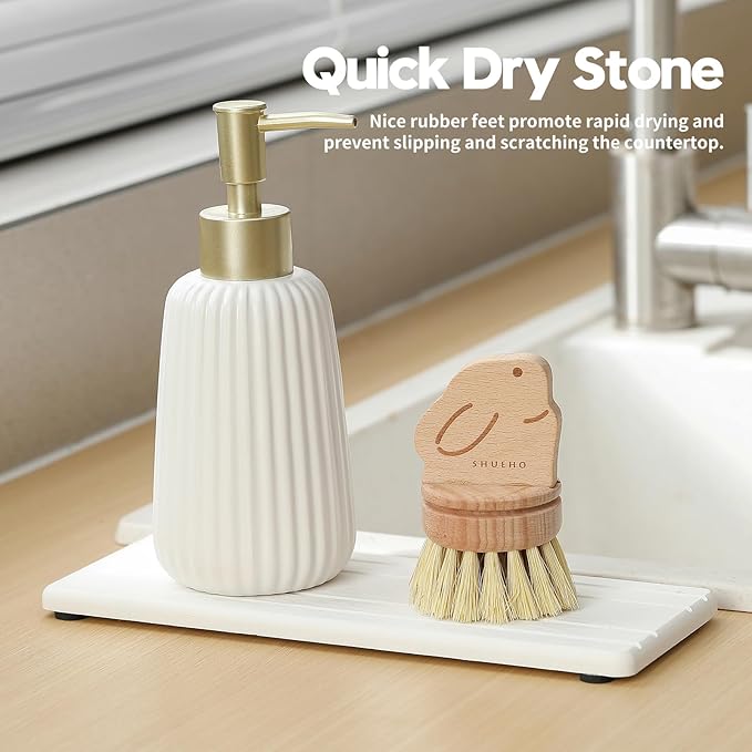 Razborci 2PCS Diatomite Quick Stone Drying Tray Mat for Bathroom & Kitchen Counter, Instant Dry Water Absorbent Drink Bar Coaster,Vanity Sink Caddy Organizer,Dish Soap Sponge Holder, White,9"x3.5"