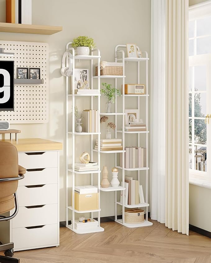 Hzuaneri 10 Tiers Vertical Shoe Rack, Narrow Shoe Tower, Tall Shoes Shelf with 2 Hooks, Adjustable Shelves, Corner Shoes Shelves for Small Spaces, Entryway, Living Room, White SR11213W