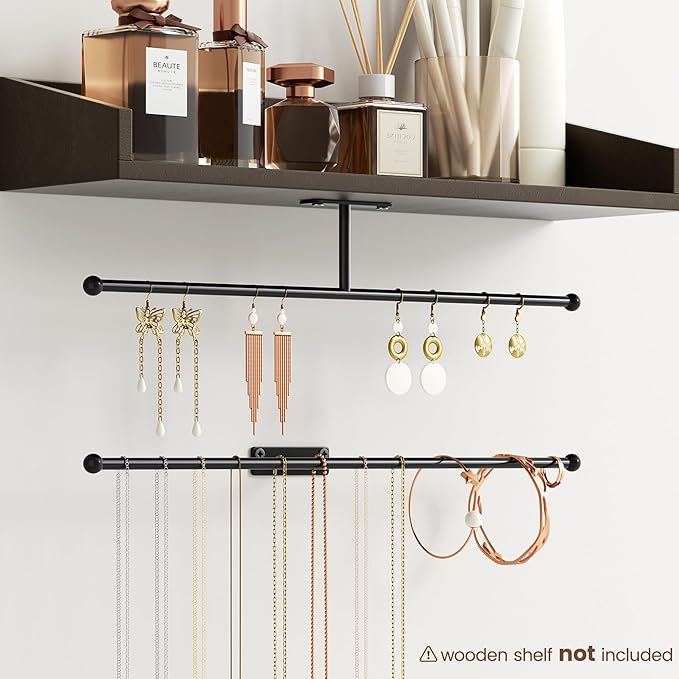 Wall Hanging Jewelry Organizer: 12.6'' Necklace Holder for Earring, Bracelet, Rings, Hairband, Glasses, Black 4-Pack, Screws Included