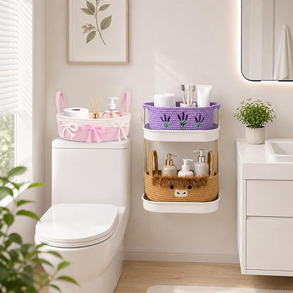 Lavender Toilet Paper Basket–Woven Rope Beautiful Lavender Bathroom Decor Organizer Toilet Tank Decorative Storage Basket, Oval Shelf Bin with Handle,Flower Wedding Paper Holder, 12" D x 5" H