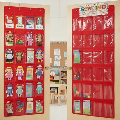 24 Pocket Classroom Reading Buddies Storage Organizer over The Door Hanging Small Stuffed Animal Holder with Card Blank Name Tags Classroom Pocket Chart for Preschool Kindergarten Reading Corner