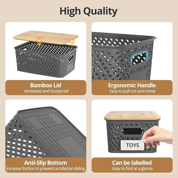 Plastic Storage Bins with Bamboo Lids, Stackable Small Box Baskets for Organizing and Containers for Shelves Drawers Desktop Closet Pantry Classroom Office Home, 6 Pack 10.2x7.2x4.1 Inch, Gray