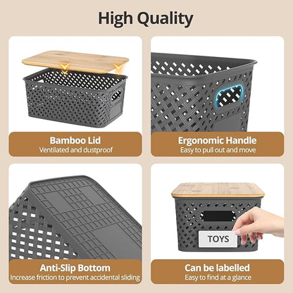 Plastic Storage Bins with Bamboo Lids, Stackable Small Box Baskets for Organizing and Containers for Shelves Drawers Desktop Closet Pantry Classroom Office Home, 6 Pack 10.2x7.2x4.1 Inch, Gray