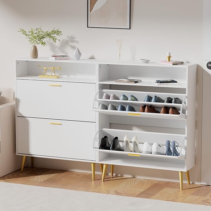 JOZZBY Shoe Cabinet for Entryway, White Narrow Shoe Storage Cabinet with 2 Flip Drawers, Freestanding Hidden Shoe Rack Storage with Open Shelves for Hallway, Living Room, Set of 2