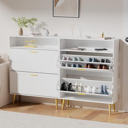 JOZZBY Shoe Cabinet for Entryway, White Narrow Shoe Storage Cabinet with 2 Flip Drawers, Freestanding Hidden Shoe Rack Storage with Open Shelves for Hallway, Living Room, Set of 2