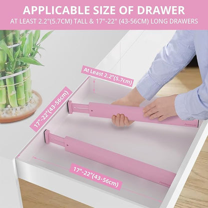ANTOWIN Expandable Bamboo Drawer Dividers Organizers, Drawer Separators Splitter, 17-22 inches Long Adjustable Spring-loaded Organizer for Large Utensil, Clothes, Tools(Pink)